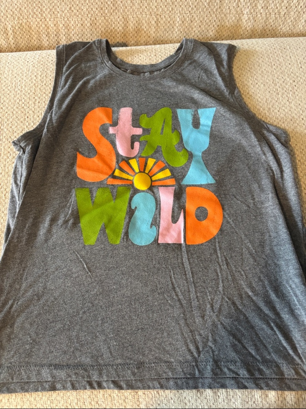 Old Navy Gray Tank Top with Bright Multicolor "STAY WILD" Graphic